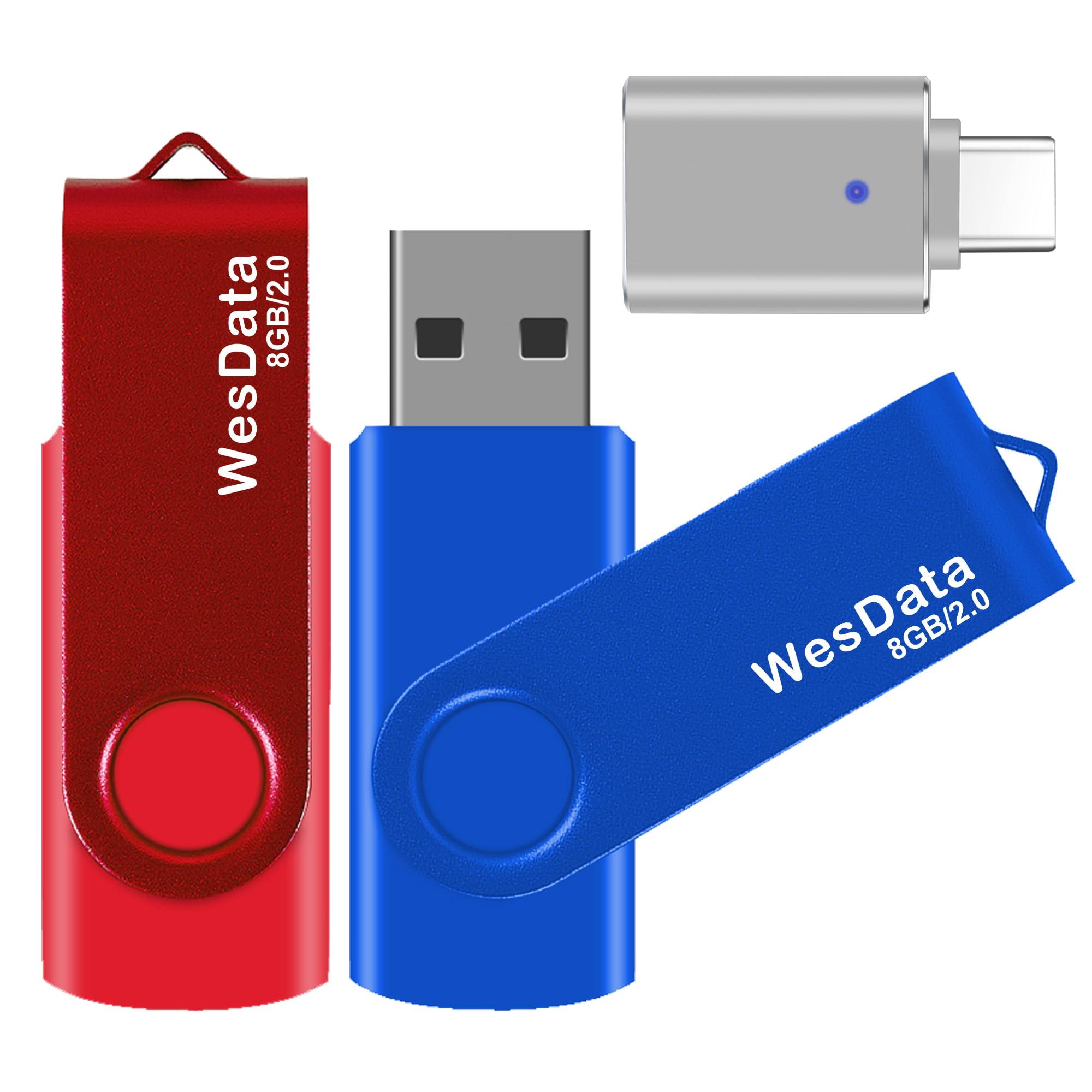 Photo 1 of WesData 2 Pack 8GB USB 2.0 Flash Drive and 1 USB C Adapter, Thumb Drive USB Memory Stick Jump Drive, Compatible with OTG Type C Phones, Tablets, Laptop, PC (Blue, Red)