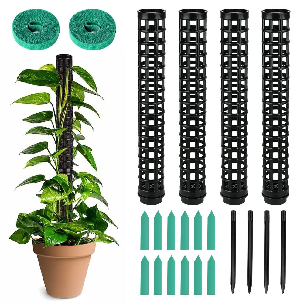 OFFCUP Plastic Moss Poles, 4x 25cm/ 100cm Monstera Plant Support for Climbing Plants, Plant Poles with Cable Ties & Labels, Plant Stakes for Indoor Outdoor Plants (Black)