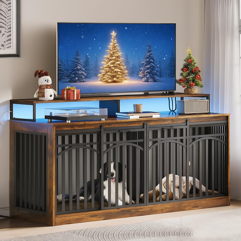 Photo 1 of **PARTIAL SET BOX 2 OF 2, MISSING BOX 1 OF 2 **
FURNITURE DOG CRATES MEDIUM LARGE, WOODEN AND STEEL DECORATIVE, WHIT LIGHTS AND ELECTRICAL PLUG