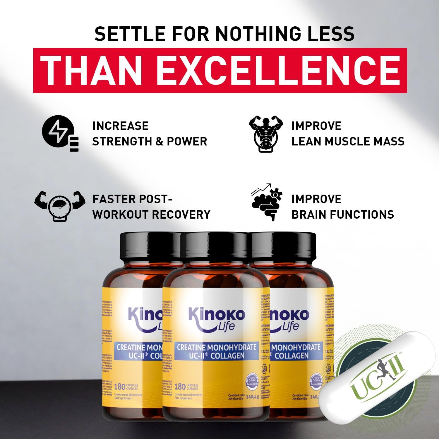 Kinoko Life Creatin Monohydrat Kapseln 3000mg & UCII Kollagen – 180 Kapseln – Kreatin und Creatine Monohydrate für Pre Workout Booster und Gym – Hochdosierte Creatin Kapseln mit Kreatin Pulver 4