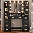 BTHFST Vanity Desk with Mirror and Lights & Glass Top,Makeup Vanity with Lights,10x Magnifying Mirror & Charging Station,Large Vanity Table with 8 Drawers,Acrylic Dividers & Shelves,Black Wood Grain