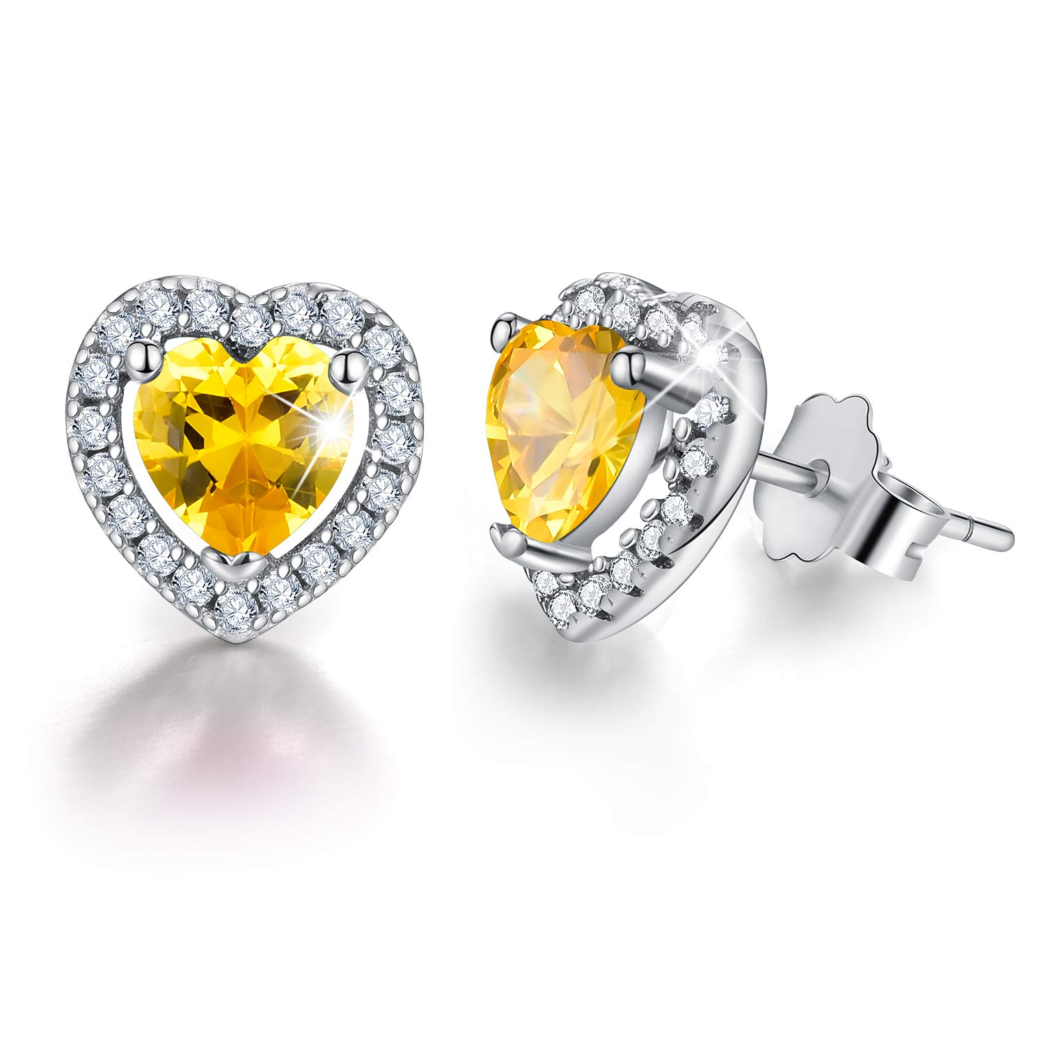 Esberry 18K Gold Plating 925 Sterling Silver Birthstone Love Heart Stud Earrings Cubic Zirconia Hypoallergenic Earrings Birthday gift for Women and Girls (November-Citrine)