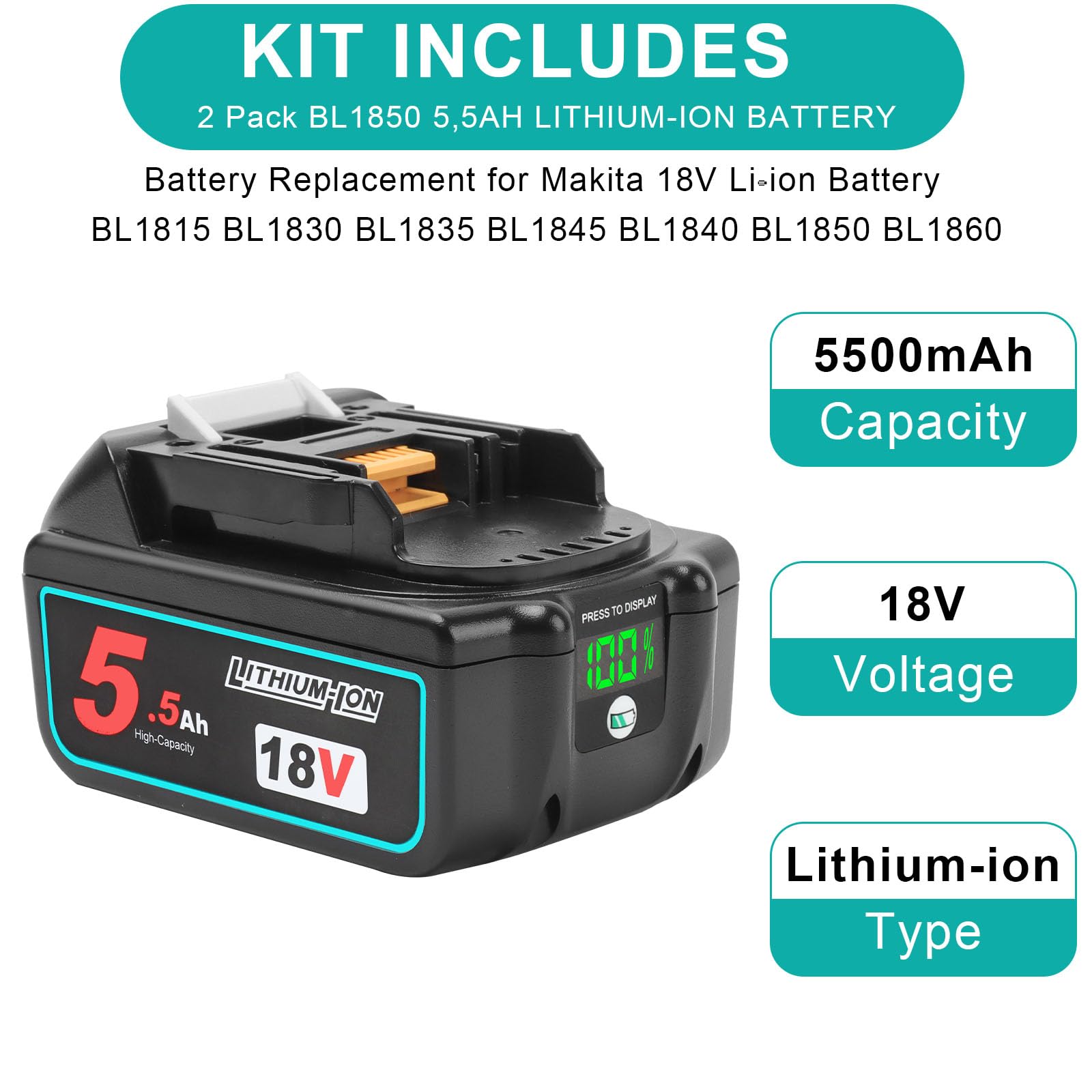 Powarobor 2 Stück BL1850B 18V 5,5Ah Li-ion Ersatz Akku mit DC18RC Ladegerät Starter Kit Kompatibel mit Makita 18V Akkus BL1860 BL1830 DC18RA DC18SD LXT-400 Elektrowerkzeuge 4