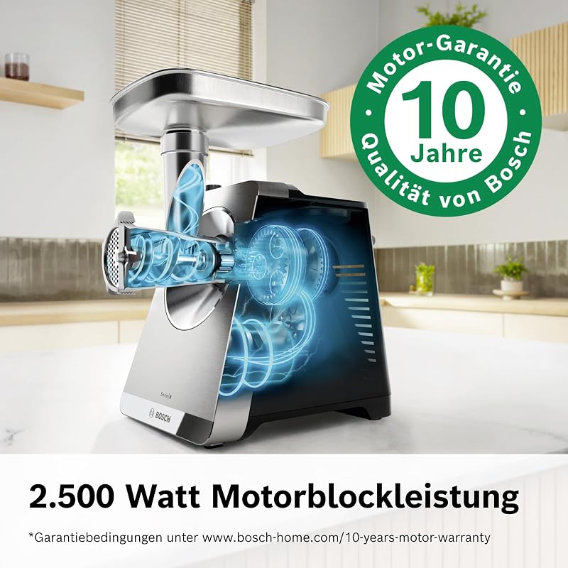 Fleischwolf Serie 8, 3 Lochscheiben (3/4,5 / 8mm), Edelstahl, spülmaschinenfest, Kebbe- & Wurst-Aufsatz, Durchlaufschnitzler, Motorblockleistung 2.500 W, elektrisch, MultiPower MFWS840M