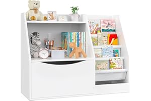 TOETOL 2 Tier Kids Bookshelf and Book Storage，4 Sling Toddler Bookshelf, Storage Boxes Book Shelf & Organizer for Nursery Playroom Classroom Library Bedroom White