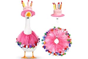 Aliceset Happy Birthday Porch Goose Outfit Lawn Goose Clothes Hat and Tutu Collar Goose Outfits for 23" Cement/Plastic Porch Goose Outdoor Statue Patio Yard Lawn Art (Pink)