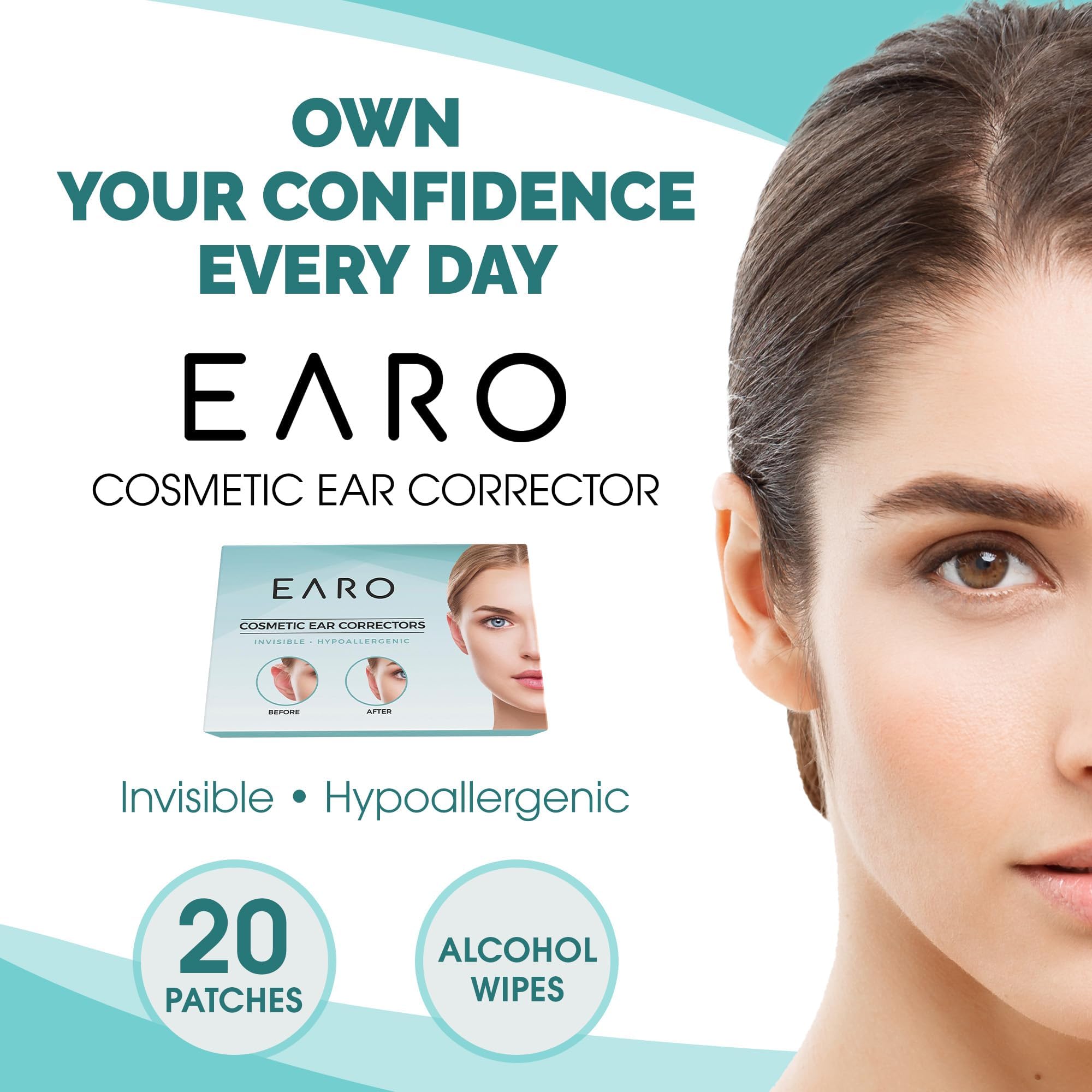Earo Cosmetic Ear Corrector – Stronger Ear Tape Patches to Hold Back Protruding Ears Without Surgery – Discreet Ear Stickers for Big Ears - Ear Pinning Tape without Surgery – 20 Pack – Clear, One Size