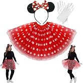 QTECLOR Women Red and White Polka Dots Tutu Mouse Halloween Costume | 3-Layer Tulle Skirt with White Gloves &amp; Mouse Headband for Adults Halloween Carnival Fancy Dress Party Plus Size Available