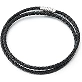 COOLSTEELANDBEYOND Mens Black Braided Leather Bracelet with Steel Clasp, Double Wrap Design for Casual and Modern Style