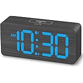 Wooden Digital Alarm Clocks for Bedrooms: Dimmable Dual Alarm Clock with Large Numbers for Bedside Desk - Gray