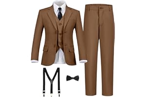 SISAVE Boy's Formal Suit 7 Piece Slim Fit Tuxedo for Kids Teen Boys Jacket Vest and Pants Set for Wedding with Bow Tie Suspenders