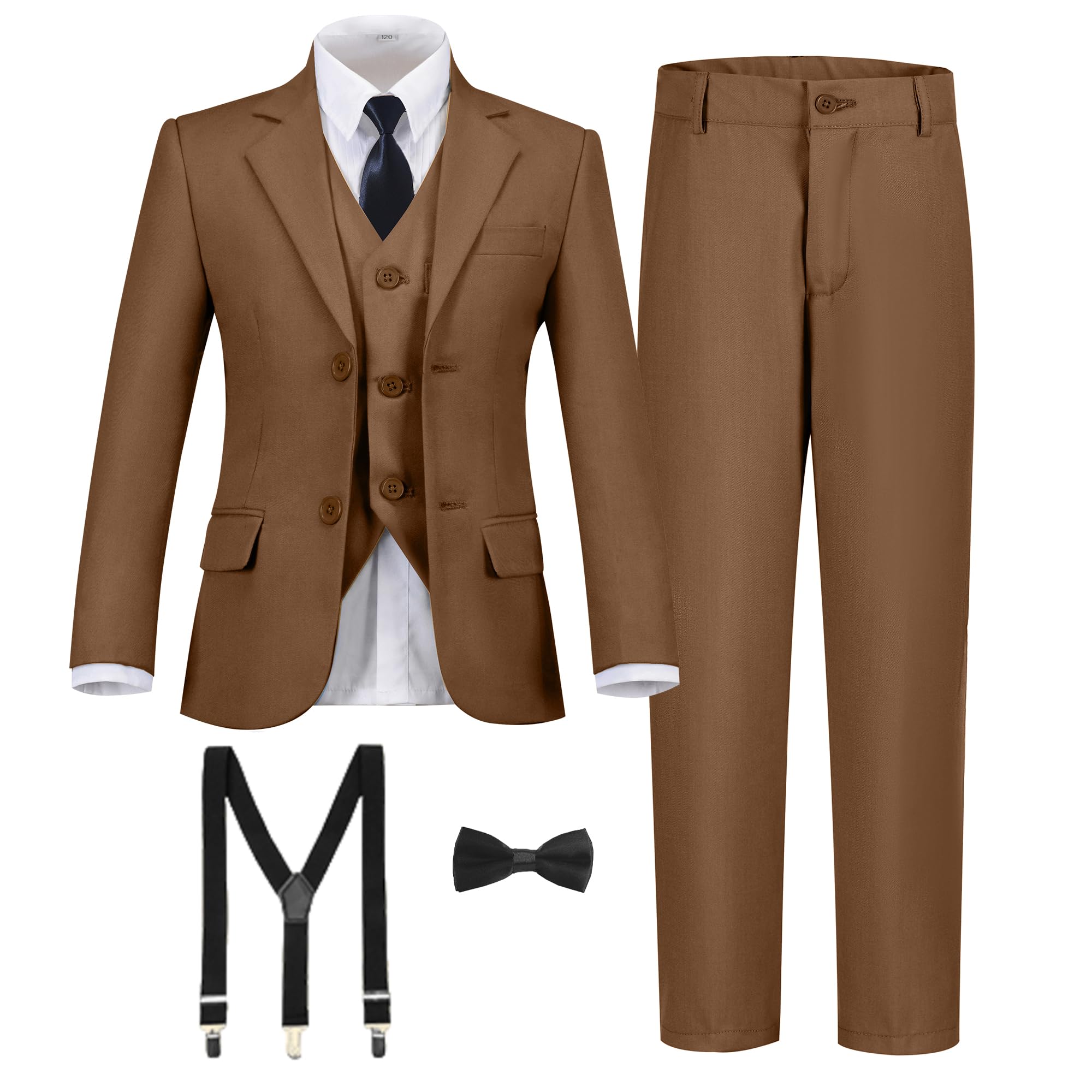 Photo 1 of Kids Suits for Toddler Boy Khaki Formal Tuxedo Set Wedding School Clothes Size 4T Boys Dress Vest Pants Suit with Suspender