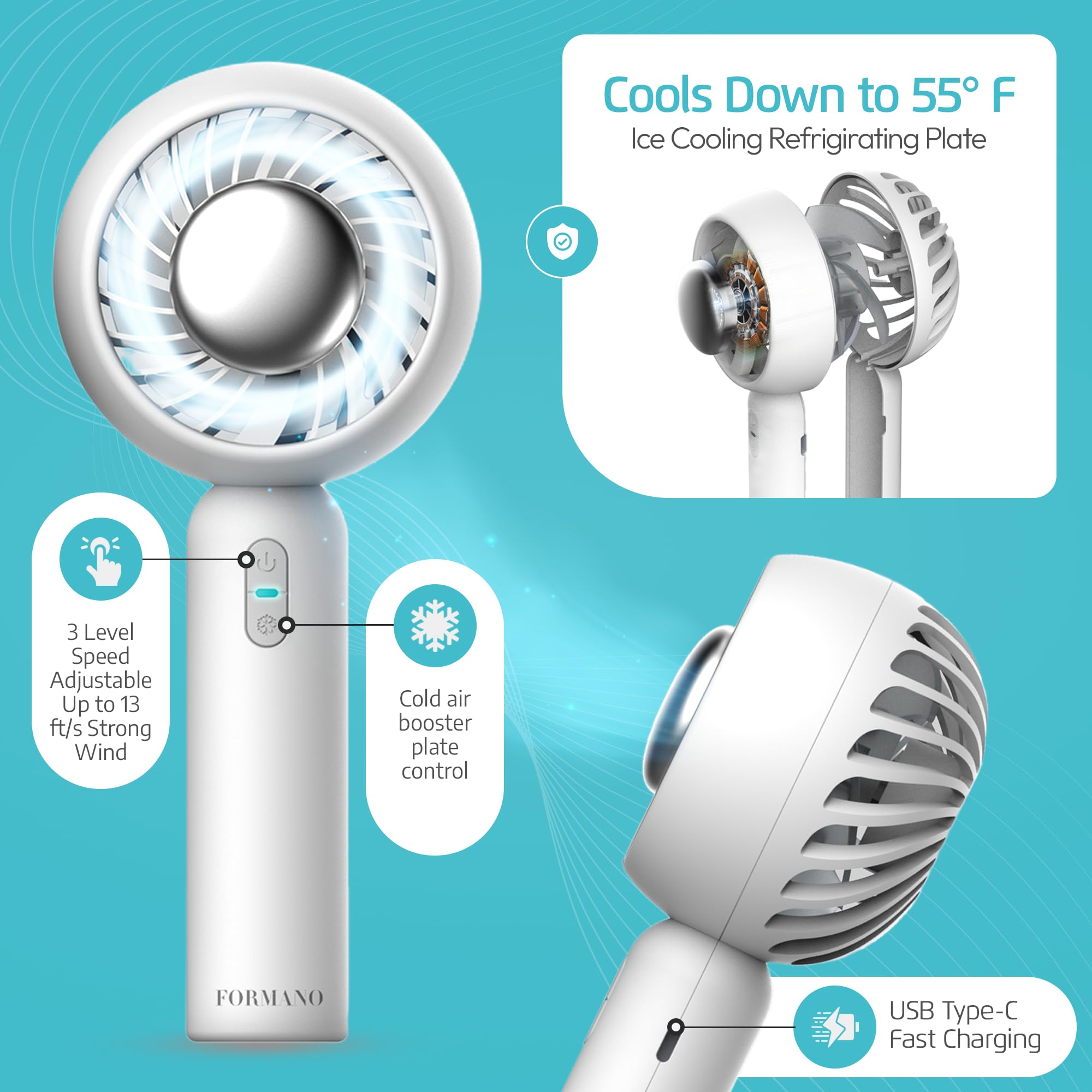 Formano Cold Air Portable Cooling AC Handheld Fans – The GENUINE Rechargeable Portable Ice Cooling Refrigerating Pad Handheld Cooling Fan That Blows Cold Air