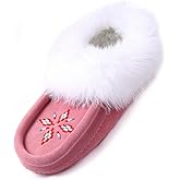 Women Moccasins Indoor Slippers of Soft Sole Fleece Lined Rabbit Fur Trim