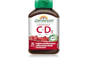 Jamieson Chewable Vitamin C 500 mg with D 500 IU Tart Morello Cherry Flavour, Family Friendly (4+), Supports Immune Health, S