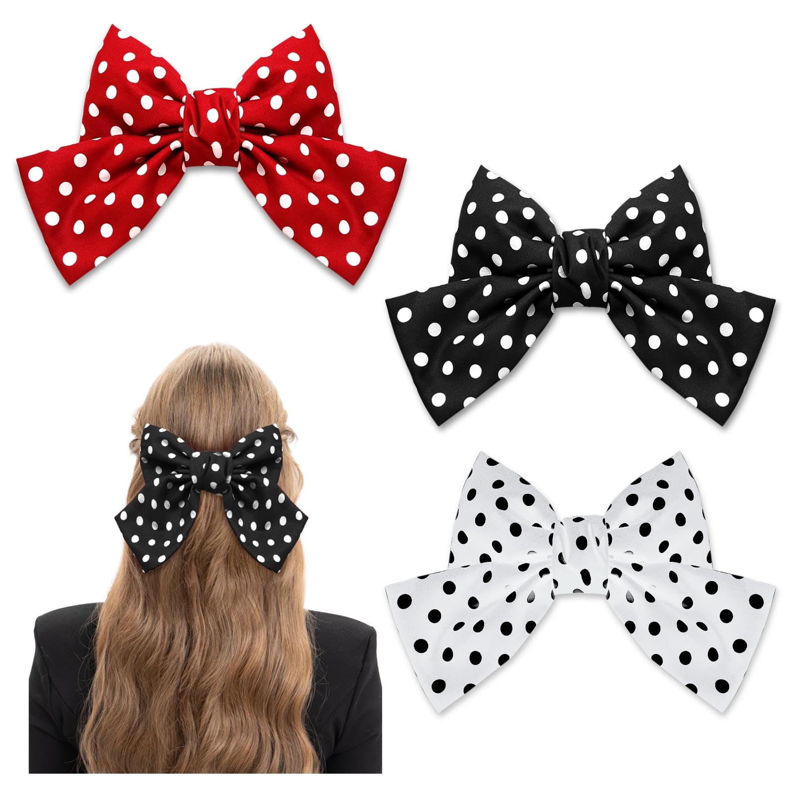 AYNKH 3PCS Polka Dot Bow Hair Clips, Large Hair Bowknot French Barrette Fastener Accessories for Women Girls