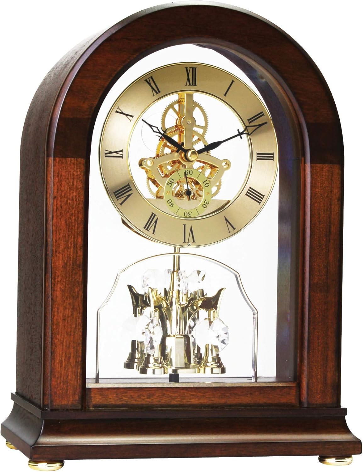 London Clock Arch top Skeleton Mantel Clock, Walnut, 27 x 20 x 11cm