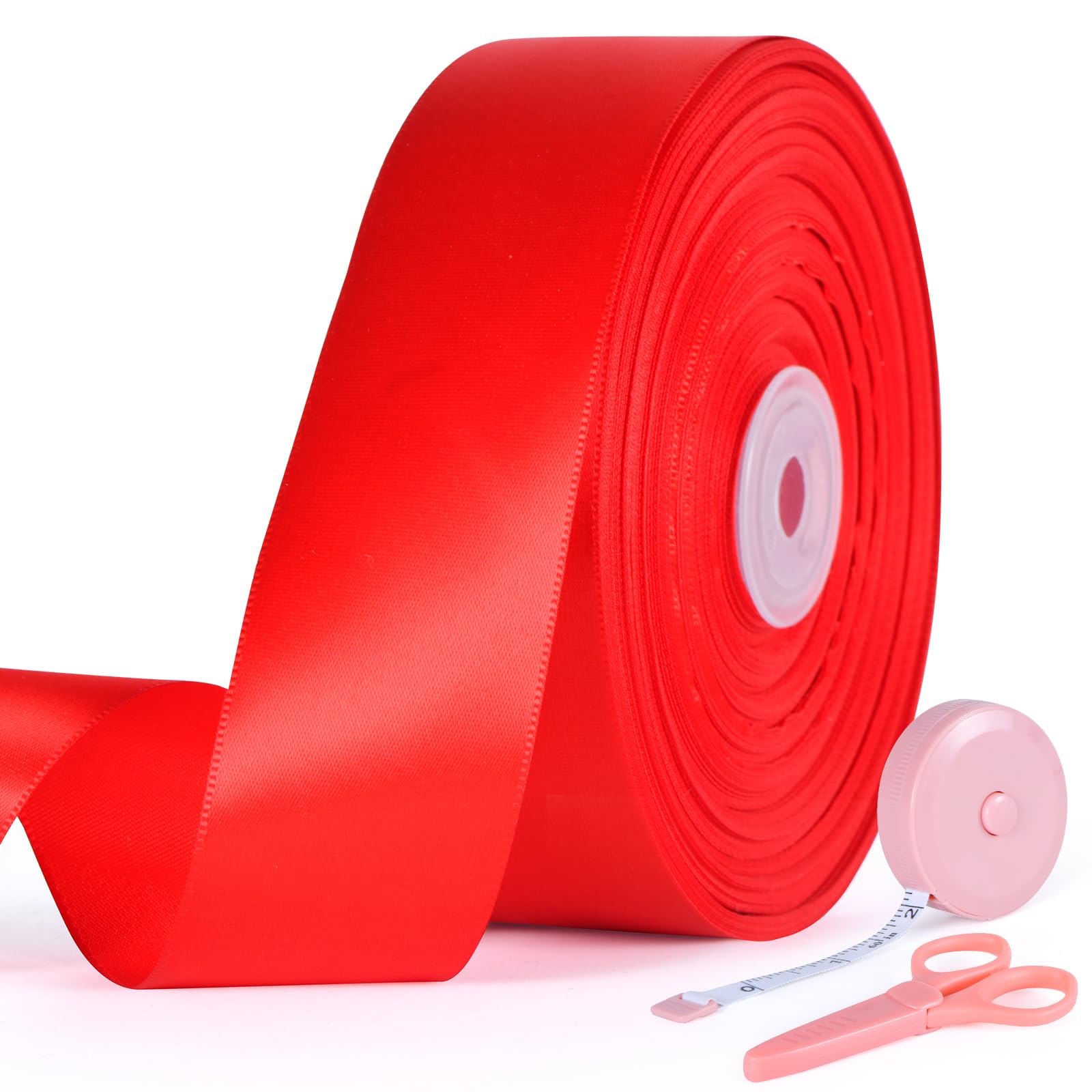 Photo 1 of 1 1/2 Inch x 50 Yards Satin Ribbon - Wide Solid Fabric Ribbon for Gift Wrapping, Wedding, Party Decorations, Hair Bows, Chair Sash, Crafts - Includes 1 Tape Measure and 1 Scissors (Red)