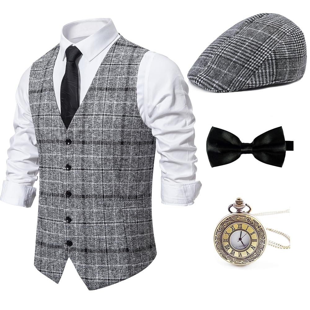 Photo 1 of Gionforsy 1920s Mens Costume Gatsby Gangster Vest Fedora Hat Suspenders Bow Tie Costume Accessories Set (Gray, Medium)