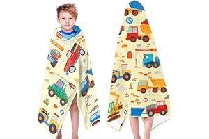HEIFAM Beach Towel for Boys, Engineering Vehicles Beach Towel Kids, Hooded Bath Towel, Baby Surf Poncho, Tractor Towels, Girls Boys Pool Towels for Bath Bathroom Swim, Summer Gift, 30”x50”
