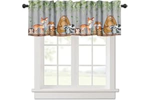 YCNESS Cartoon Window Valance, Kids Woodland Animal Print Bears Deer Trees Leaves Forest Kitchen Valance for Living Room Nursery Bedroom Nursery Decor with Rod Pocket 54x18 Inch, 1 Panel