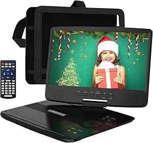 HDJUNTUNKOR Portable DVD Player with 10.1" HD Swivel Display Screen, 5 Hour Rechargeable Battery, Support CD/DVD/SD Card/USB, Car Headrest Case, Car Charger, Unique Extra Button Design