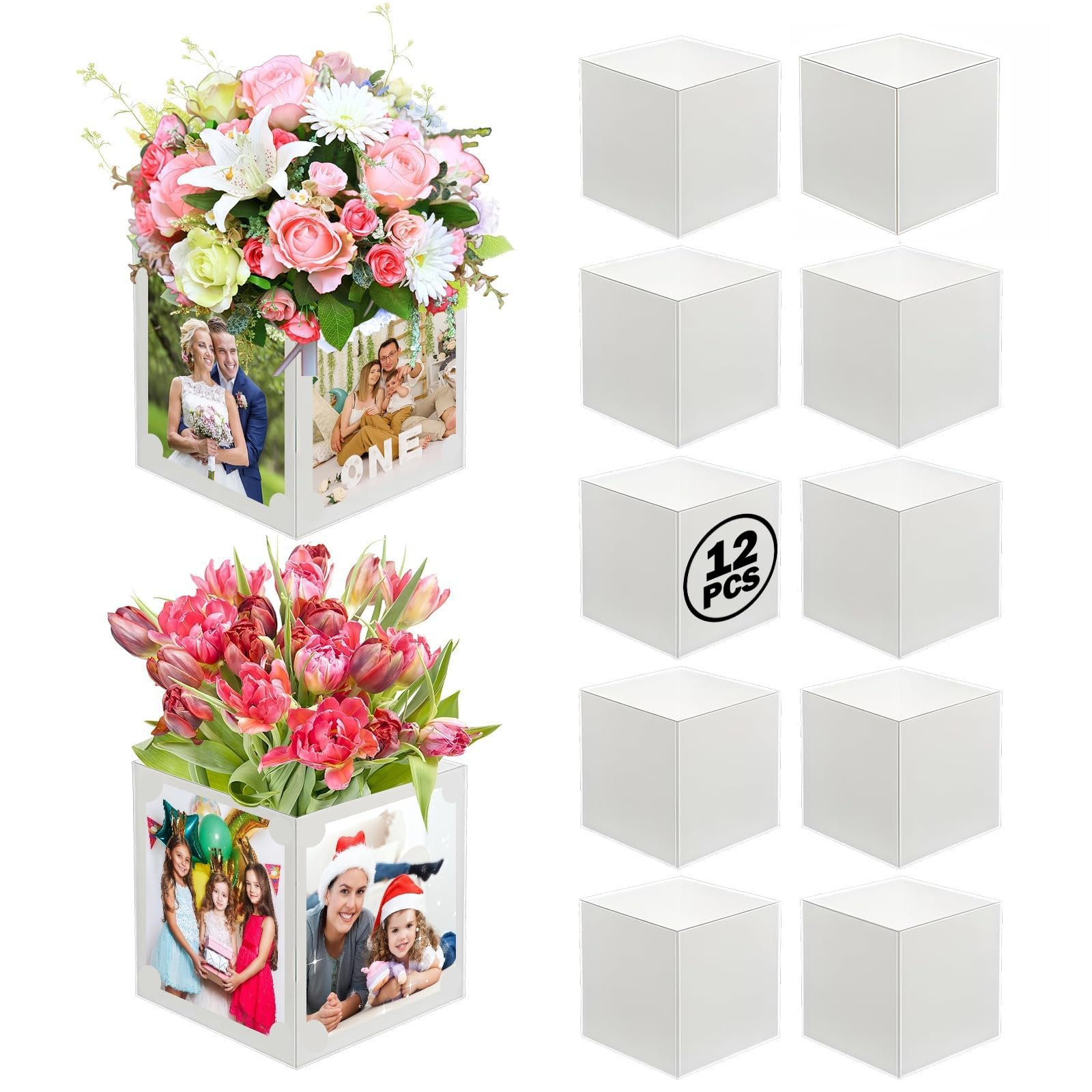 Photo 1 of 12 Pcs Picture Centerpiece for Table Photo Display, 7x7x9in Photo & Flower Table Centerpiece Picture Frame Box Suitable 4x6/5x7in Photo for Valentine's Day Graduation Birthday Wedding Decor (White)