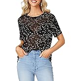 Rooscier Women's Sheer Mesh Short Sleeve Round Neck See Through Sexy Blouse Shirt Top