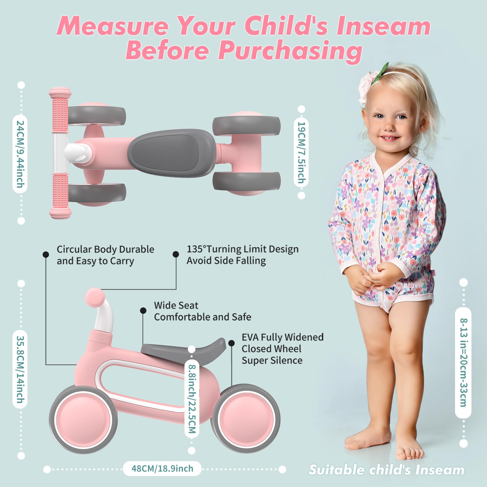 Baby Balance Bike for 1 Year Old Girls Gifts, 10-12 Months No Pedal Toddler Balance Bike with 4 Silence Wheels, 1st Birthday Gift, Ride On Toys for Boys Girls 1 Years Old, Pink