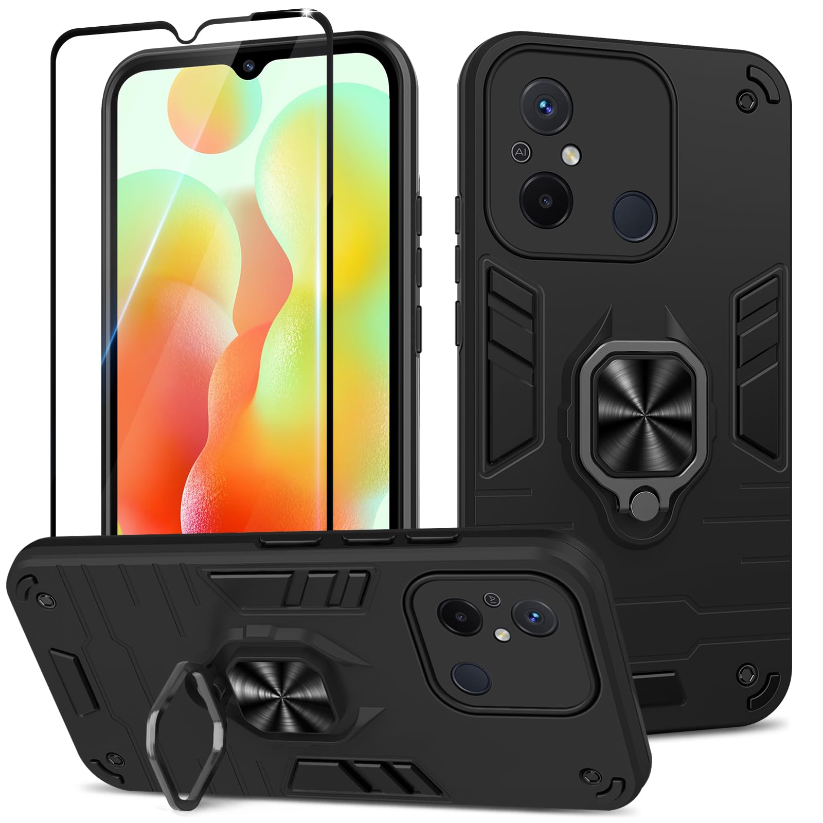 Btstring Case for Xiaomi Redmi 12C/Xiaomi Poco C55 and Screen Protector Tempered Glass, Shockproof Phone Case, Heavy Duty Personalised Case with Stand, Case Cover Support Magnetic Car Holder, Black