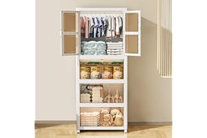 SYNCVIBE Portable Kids Closet Collapsible Children's Clothes Cabinet Large Plastic Baby Wardrobe with Hanging Rod Folding Toddler Dresser with Double Doors (White, 1 Hanging + 3 Storage)