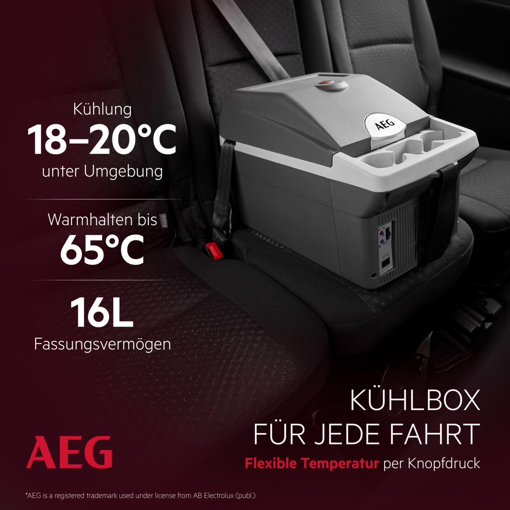AEG Automotive Board-Bar BK 16 Thermoelektrische Kühl- und Warmhaltebox 16 Liter, 12 Volt für Auto und Steckdose, anschnallbar im PKW, Schwarz,hellgrau 2