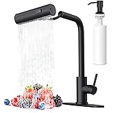 AVSIILE Matte Black Waterfall Kitchen Faucets with Pull Down Sprayer & Soap Dispenser, Single Hole & Handle, Pull Out Tap, Stainless Steel Sink Faucet, Suitable for Farmhouse Camper Laundry Rv Bar