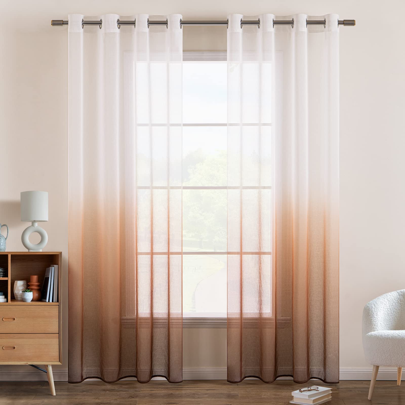 EMEMA Transparent Voile Sheer Curtains with Eyelets Colour Gradient Decorative Curtain Window Curtain for Bedroom and Living Room 245 cm x 140 cm (H x W) Set of 2 White Coffee Colour