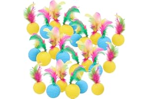 24PCS Cat Ball Toy, 1.5" Colorful Cat Toys with Feathers Interactive Balls Plastic Golf Toy Sports Ball for Indoor Cats (Rand