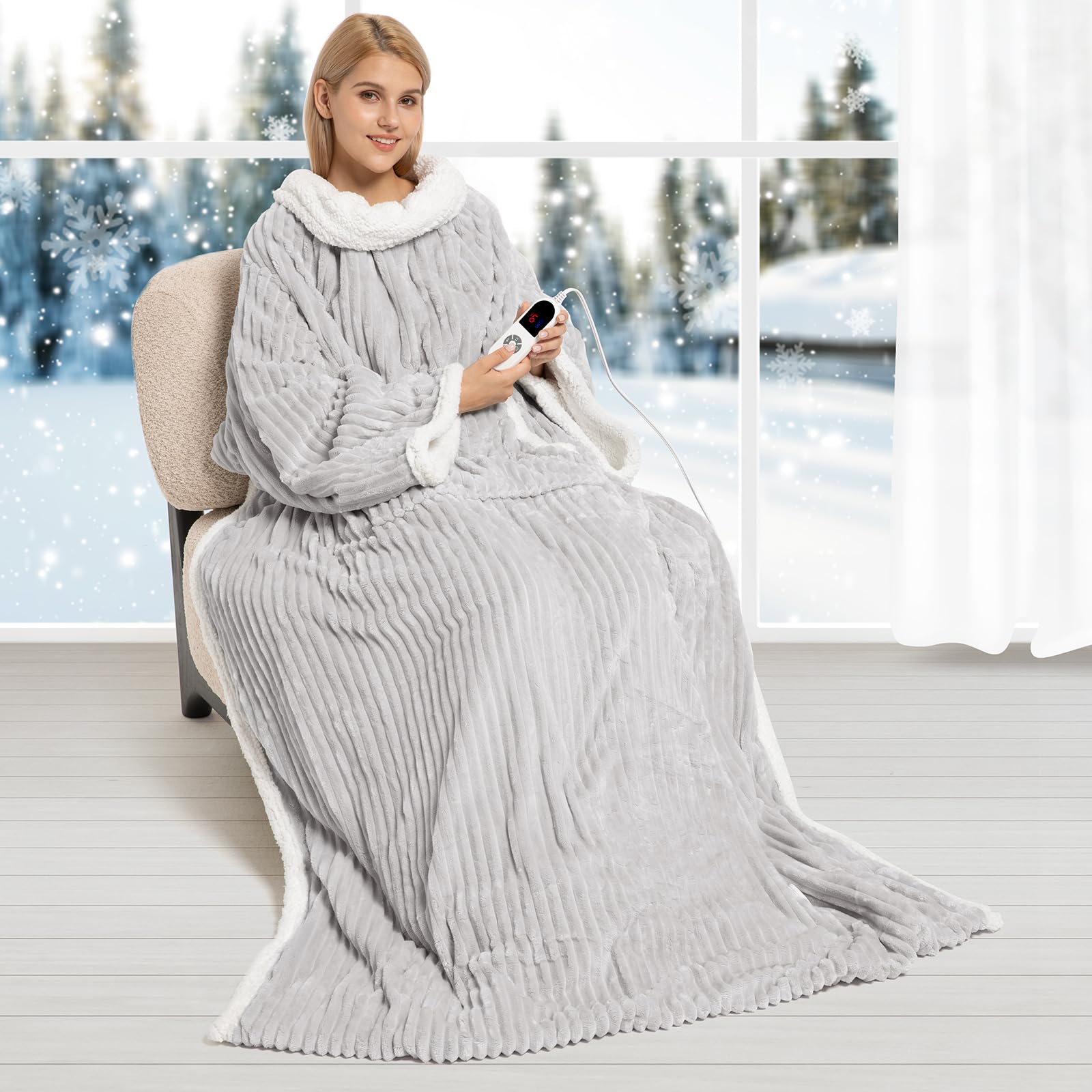 Photo 1 of Electric Blanket Heated Throw, Soft Flannel & Sherpa Wearable Heated Blanket with Sleeves, Heating Wearable Blanket with 6 Heating Levels & 12H Auto Off, ETL Certified, Home Office Use 52x72 Inch Grey