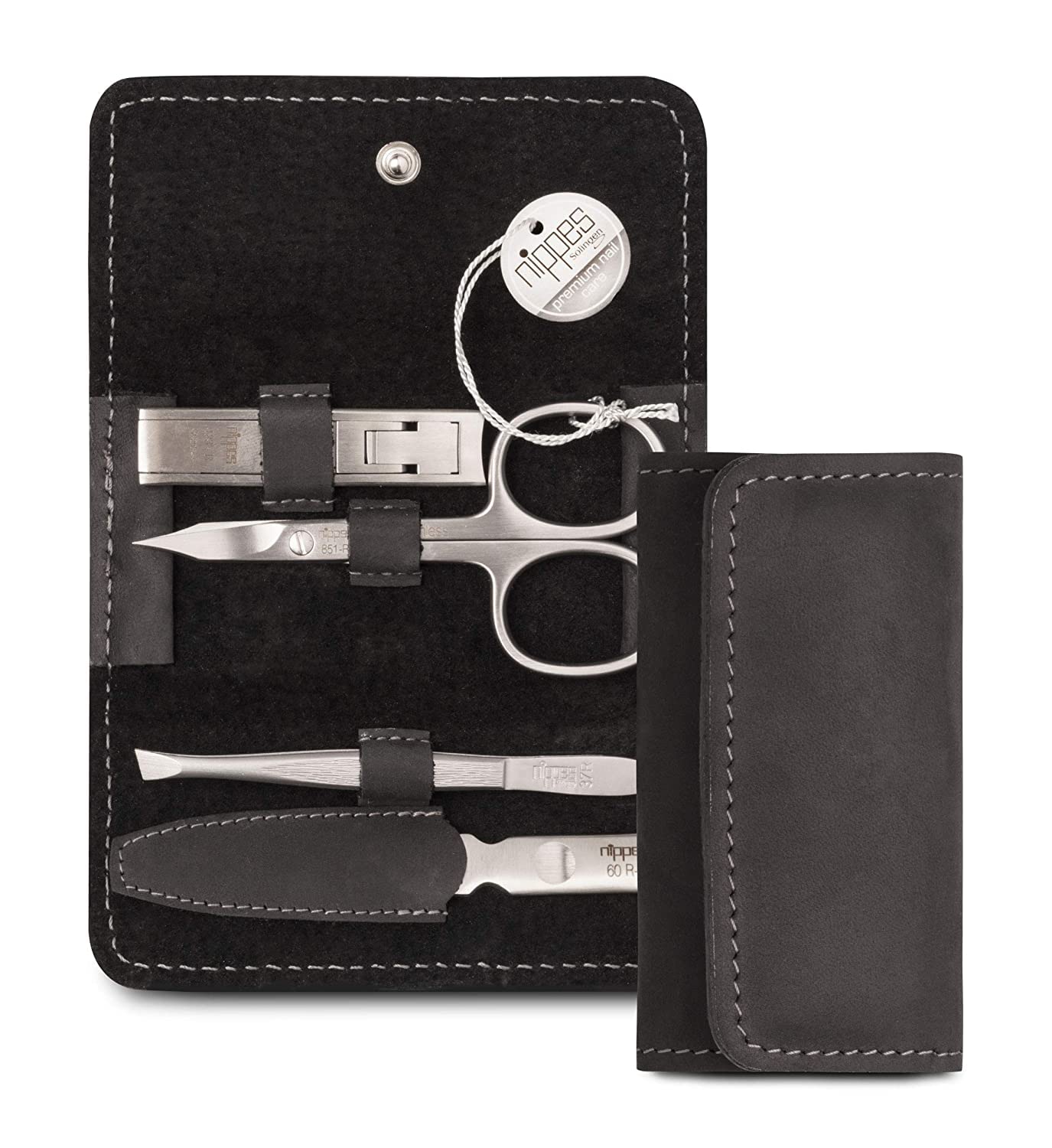 Nippes Solingen Nippes Premium Line Manicure Set - 4 Pieces - Stainless Steel - Rust and Nickel Free - Genuine Cowhide Leather Case with Press Stud - Black