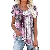 Women's Summer Short Sleeve Tunic Plus size ladies shirts Floral Blouse Loose Flowy Tops for Leggings M-4XL