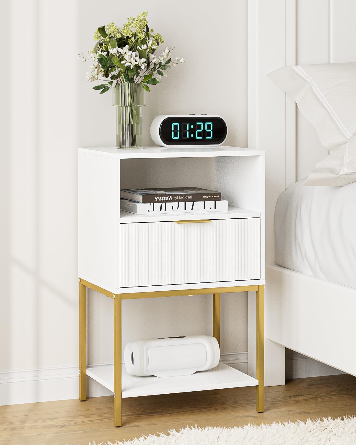 HEYZOEY Bedside Table, Small Bedside Cabinet with Drawer and Storage Shelf, 25.4" H Nightstand End Sofa Side Table with Gold Frame for Bedroom, Living Room, White