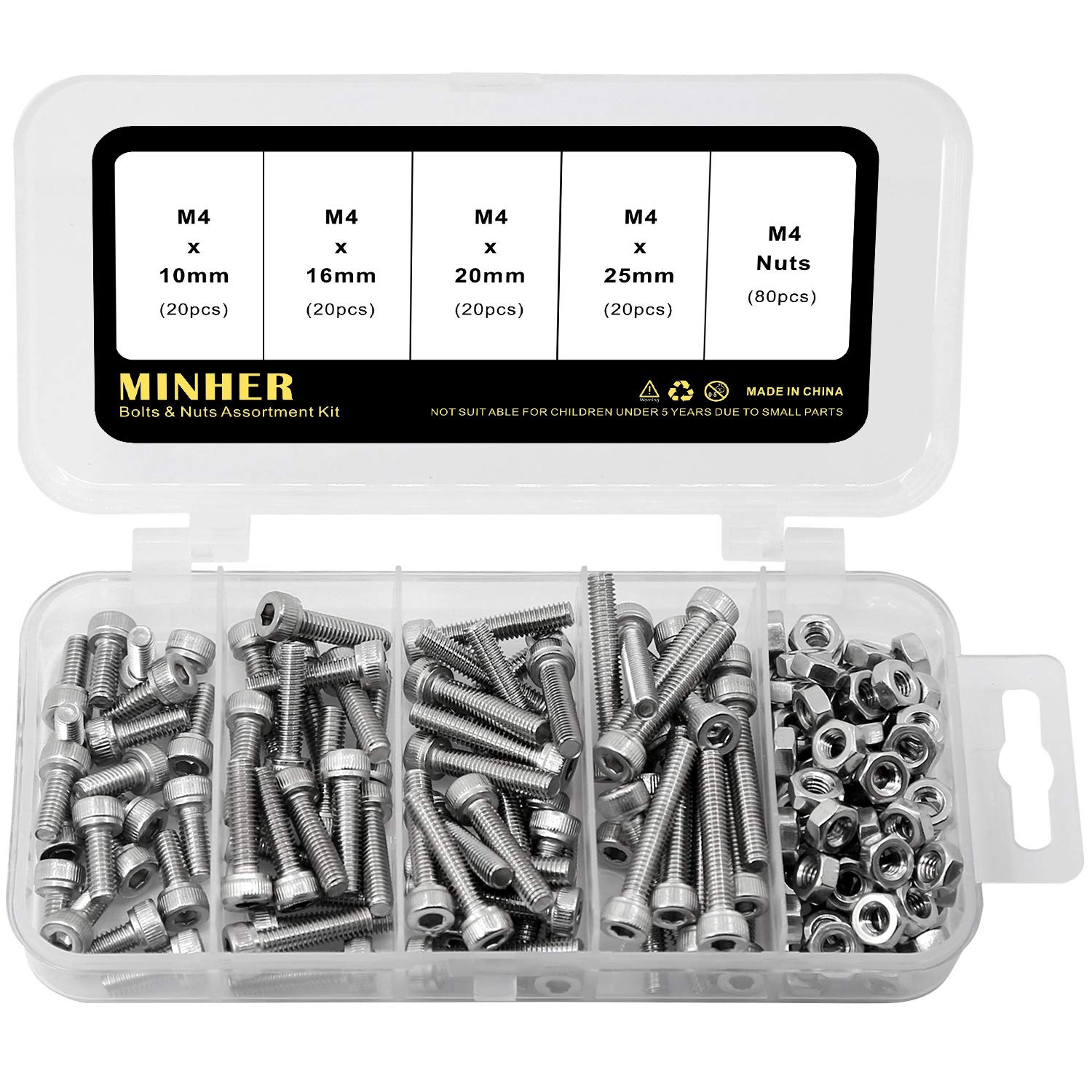 M4 Socket Head Cap Screws Bolts and Nuts Set 304 Stainless Steel 18-8 Allen Socket Drive 10mm 16mm 20mm 25mm