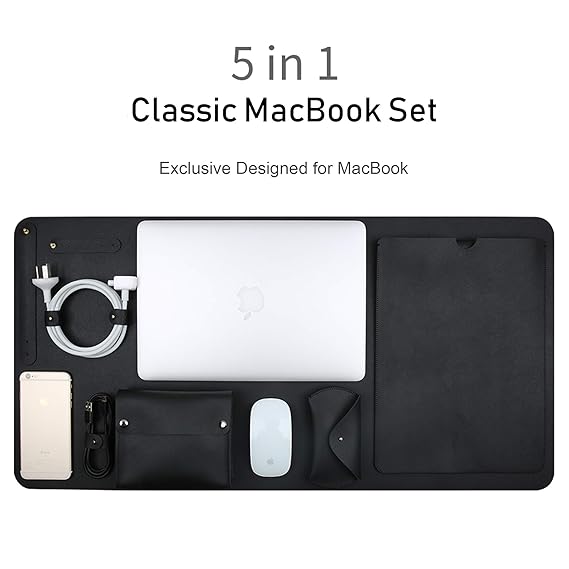 TECOOL 5 in 1 MacBook Pro 15 Lederhülle, Wasserdicht Mikrofaser Kunstleder MacBook Hülle mit Power Pouch, Schreibtischunterla
