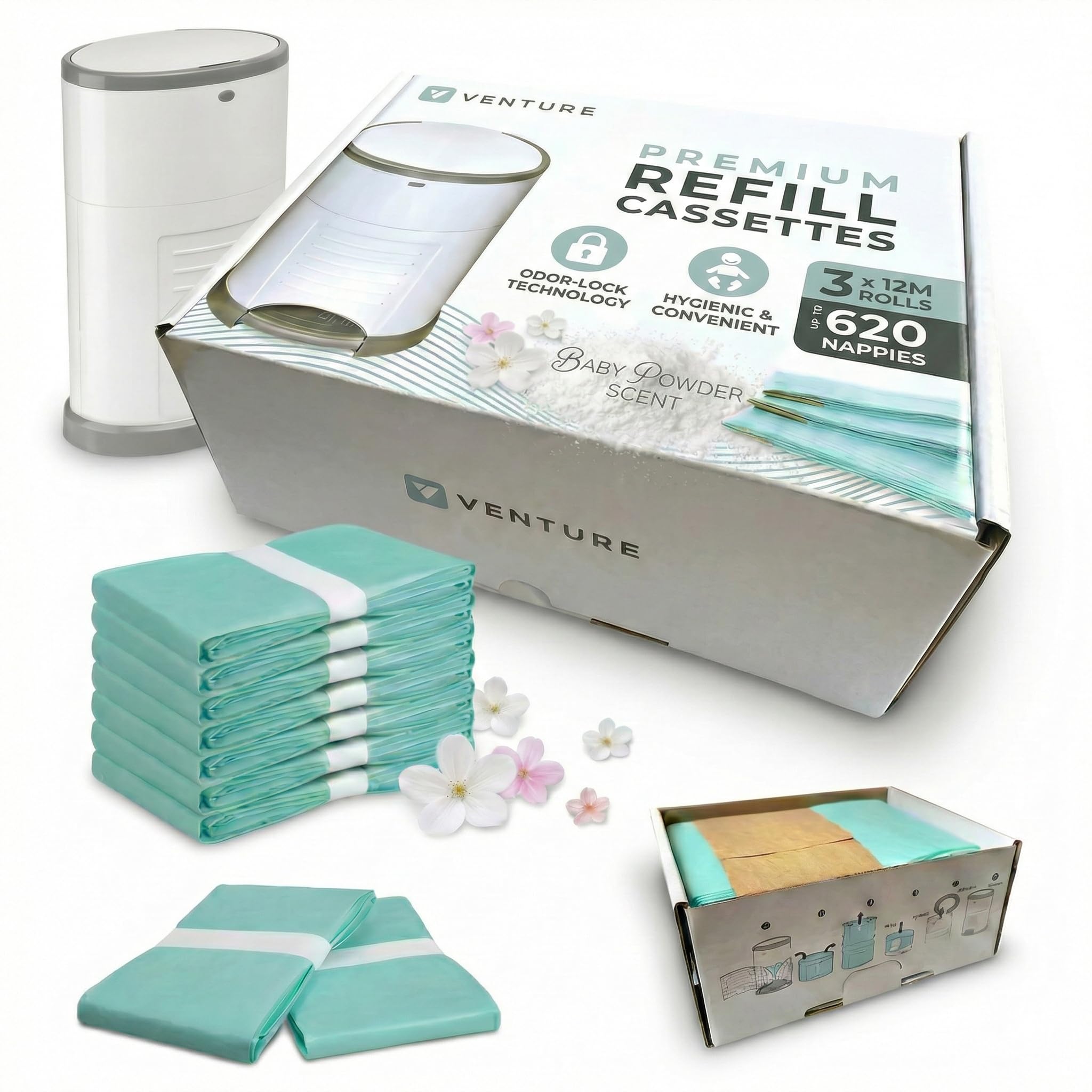 Venture Nappy Bin Liners 16L (3 x 12m Refill Rolls) - Compatible with Korbell 16L, Litter Champ & More - Up to 640 Nappies per Refill - Durable Leak-Proof Disposal Bags - Fits Most 16L Nappy Bins