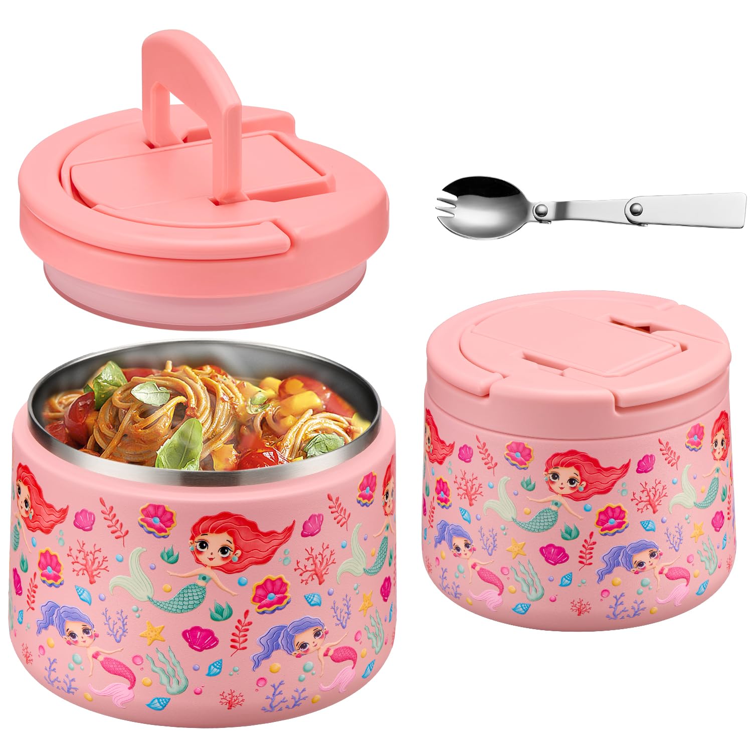 Photo 1 of 14oz Insulated Vacuum Food Jar with Buckle Lid,Soup Thermo for Hot Food Kids,Wide Mouth Leakproof Stainless Steel Lunch Container with Spoon-Mermaid
