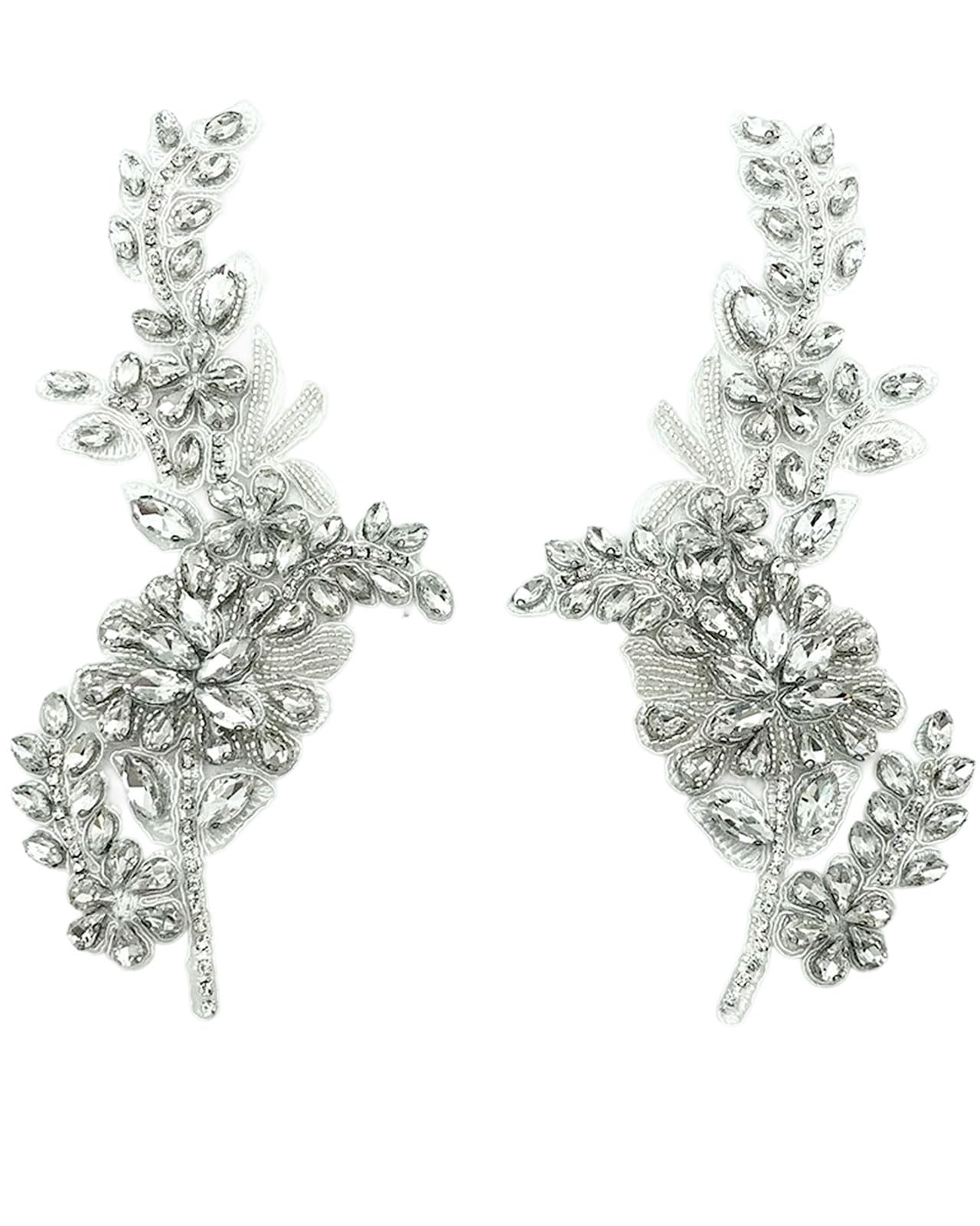 Photo 1 of 1 Pair Handmade Flower Rhinestone Applique for Clothes, Crystal Fabric Patches for Wedding Dress, Bling Beaded Embroidery Lace Applique for Hat Hairband Sewing Embellishment (Silver)