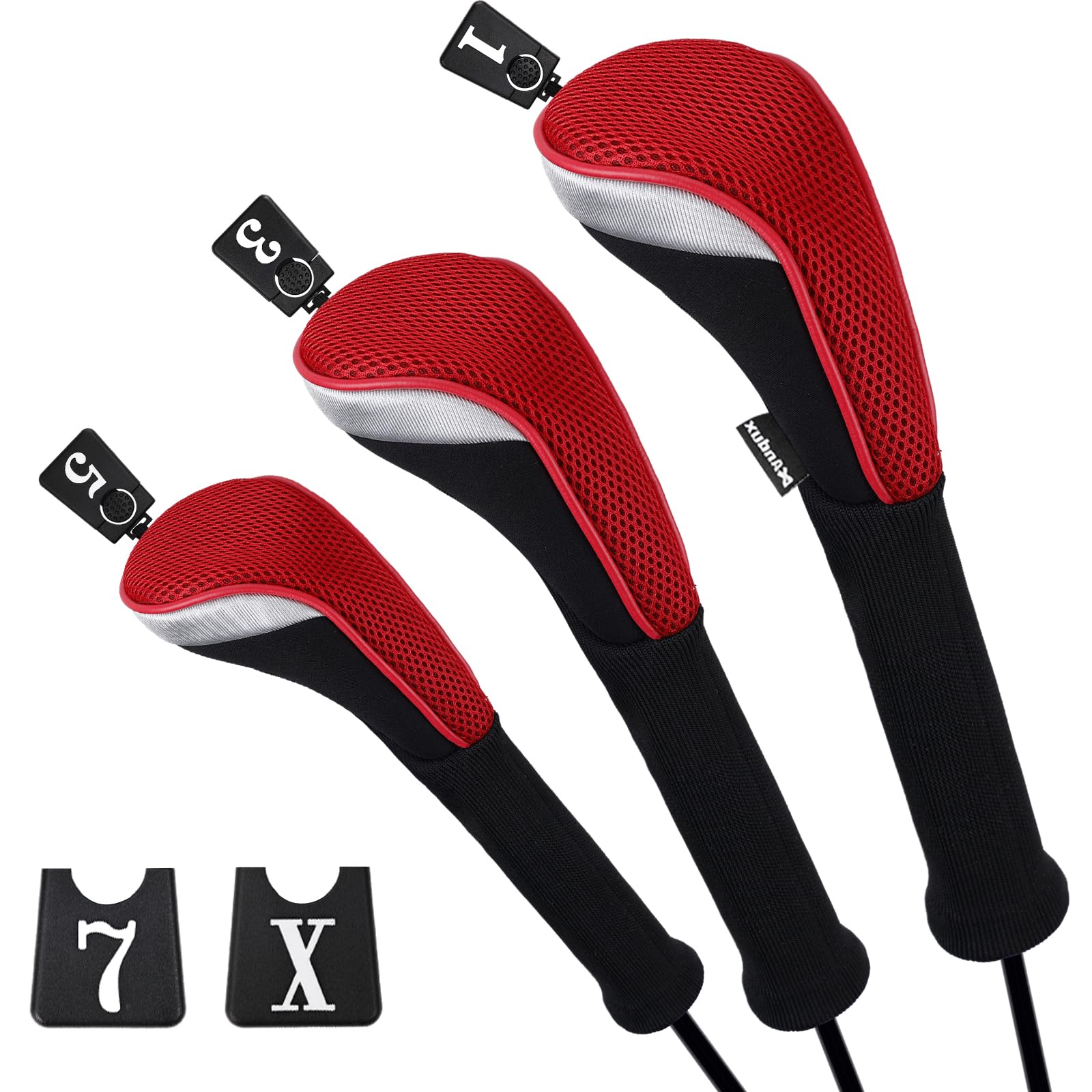 Andux Golf Fairway Wood Club Head Covers 460cc Driver Extra Long Neck 3pcs/Set Black/Red