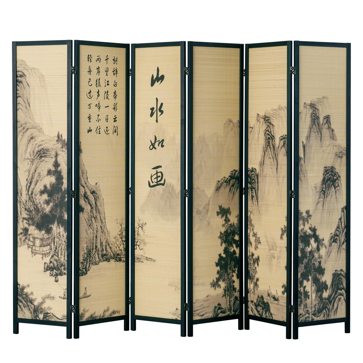 Photo 1 of MyGift Decorative 6 Panel Folding Room Divider Bamboo Screen with Chinese Calligraphy Design, 6FT Freestanding Floral Artwork Room Partitioner with Black Wood Frame 94.5''W x 69''H