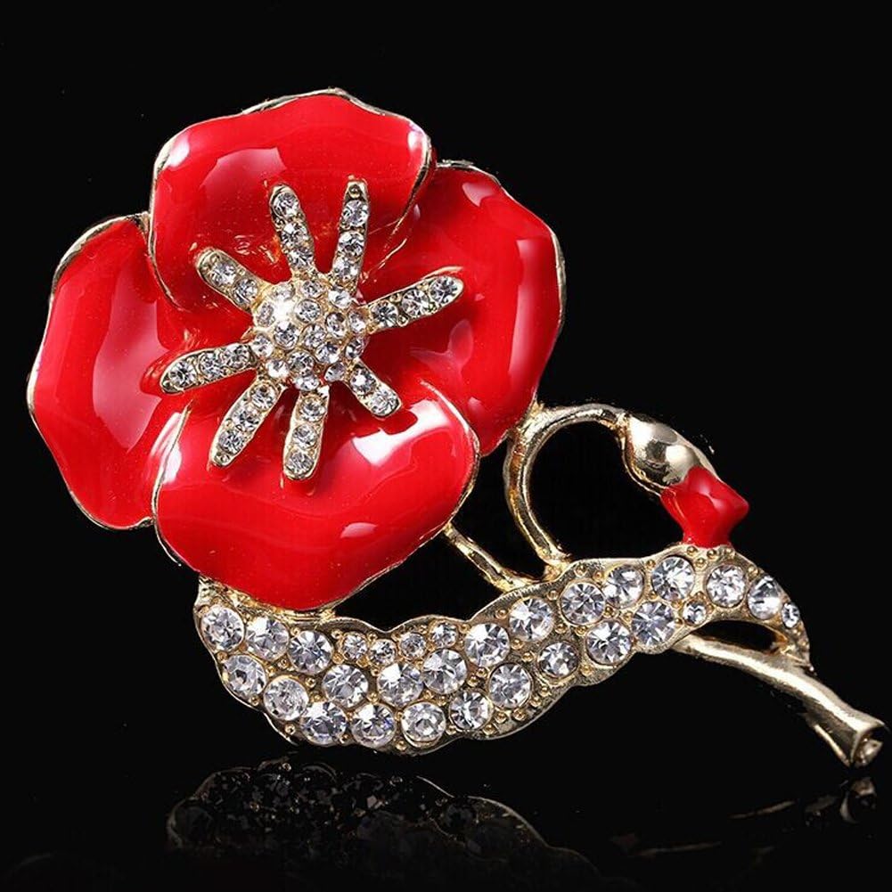 LittleduckingLittleducking Red Poppy Brooch Flower Broach Lapel Pin Diamante Crystal Banquet Red Poppy Flower Remembrance Gift
