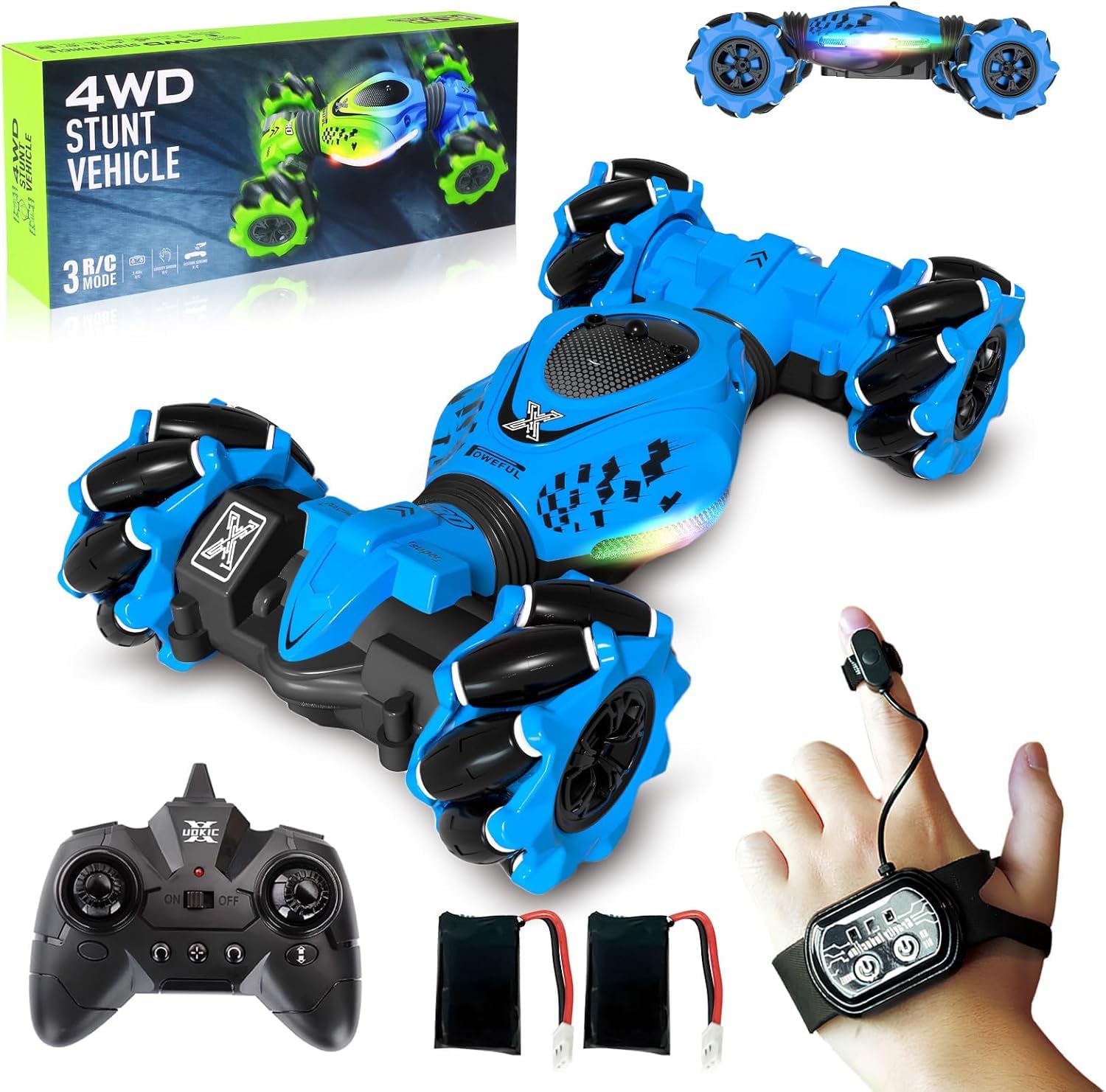 ROCKY&CHAO Remote Control Car for Kids Adults, 2.4GHz 4WD Gesture Sensor Drift RC Stunt Car, Double Sided Rotating 4WD High Speed Off-Road Vehicle Toys 360° Rotation with Lights and Music-Blue — image 1