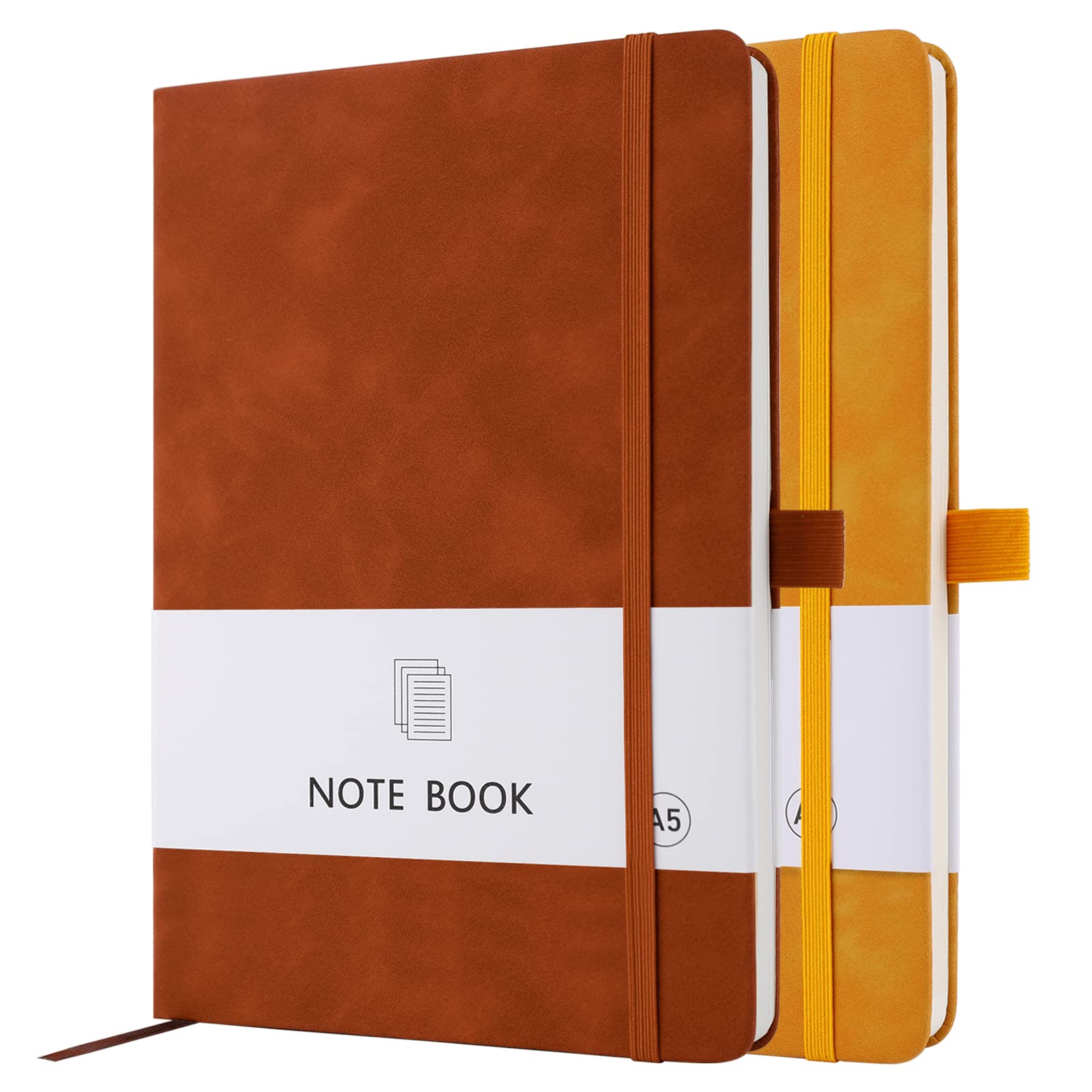 A5 Notebook, 2 Pack Notebook A5 200 Pages 100 GSM Journal Notebook Hardback Notepad with Bookmark, Pen Loop, and Elastic Closure (Yellow+Brown) — image 1