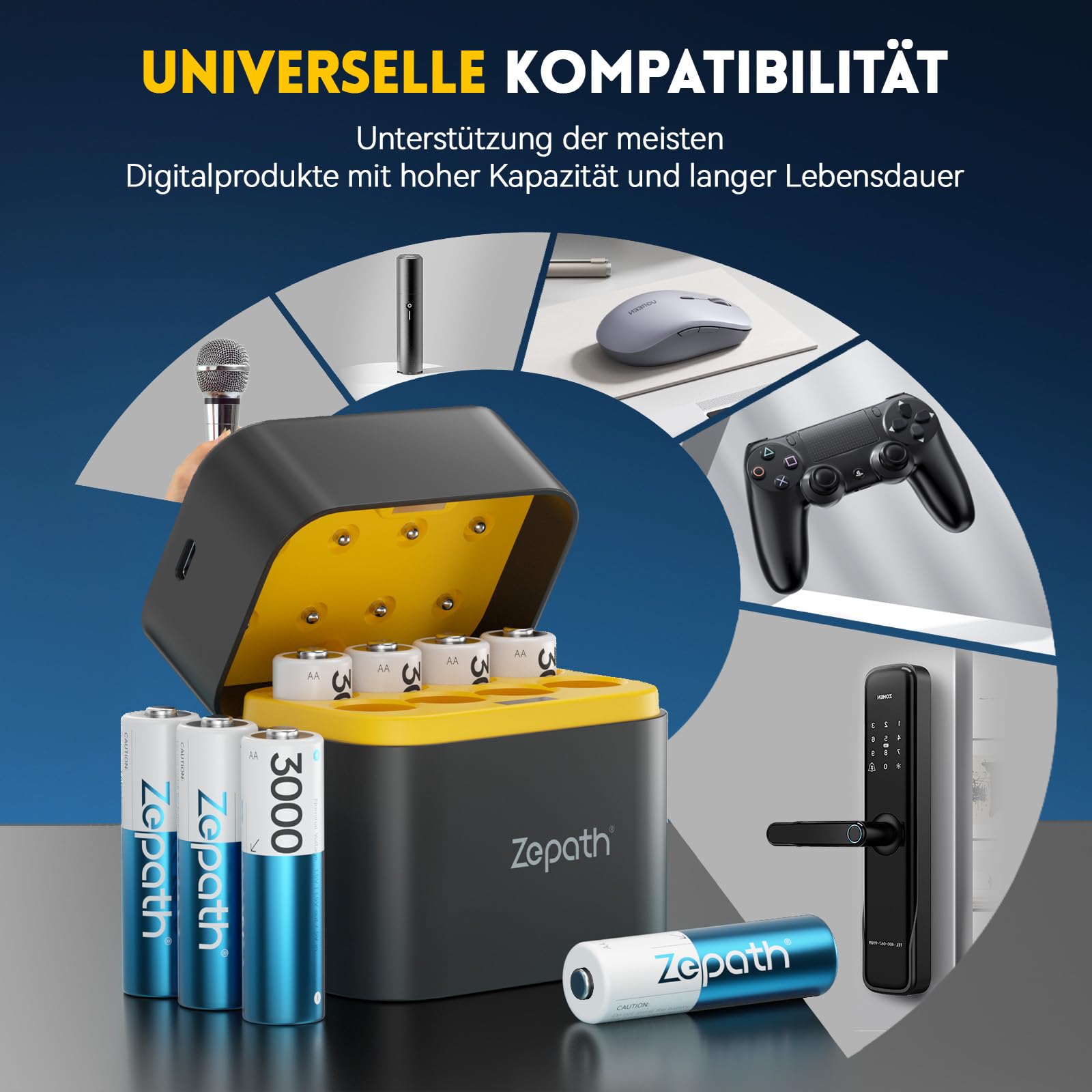 Zepath Wiederaufladbare Lithium Akkus AA 8-Pack mit Ladegerät, 3000mWh Hohe Kapazität 1.5V AA Batterien 7